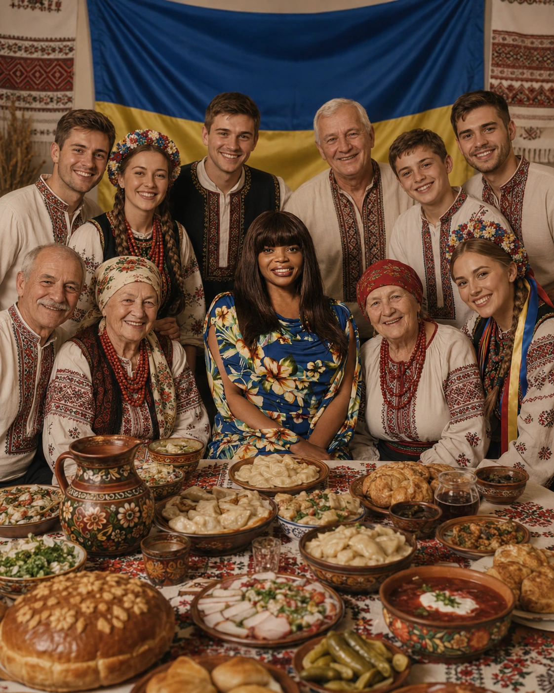 Anthonia with a Ukrainian group around a traditional food table