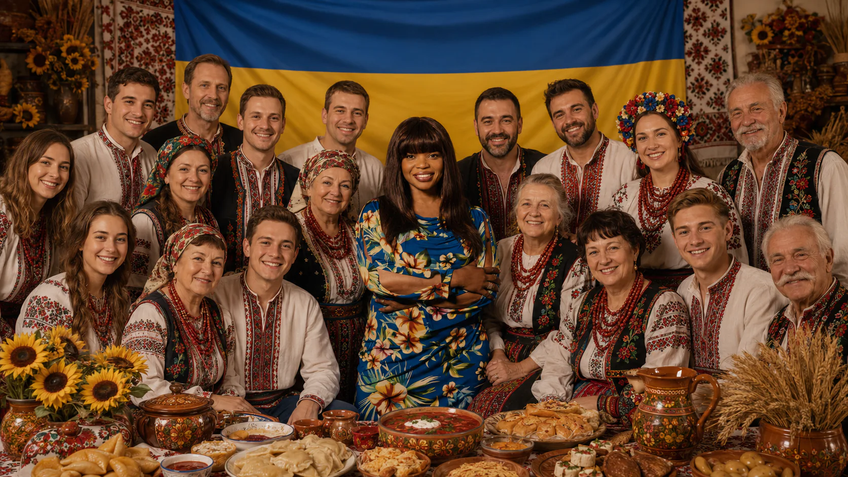 Anthonia at the center of a Ukrainian group around a traditional table