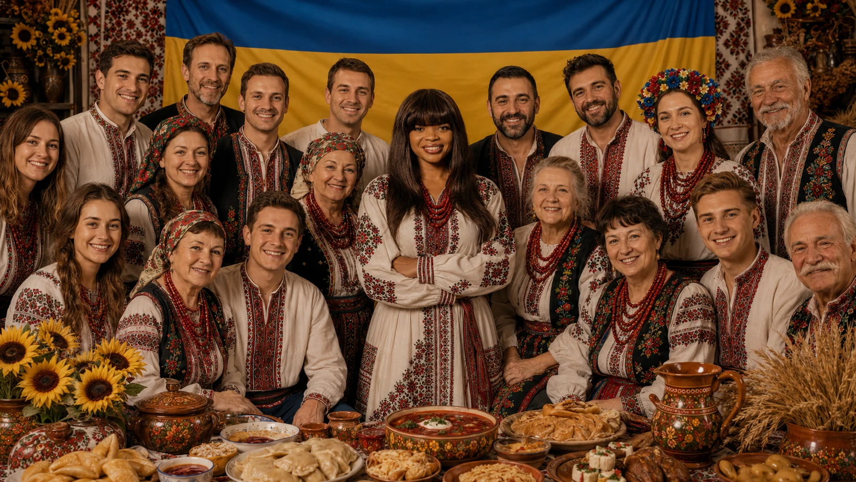 Anthonia at the center of a Ukrainian group wearing traditional Ukrainian clothes