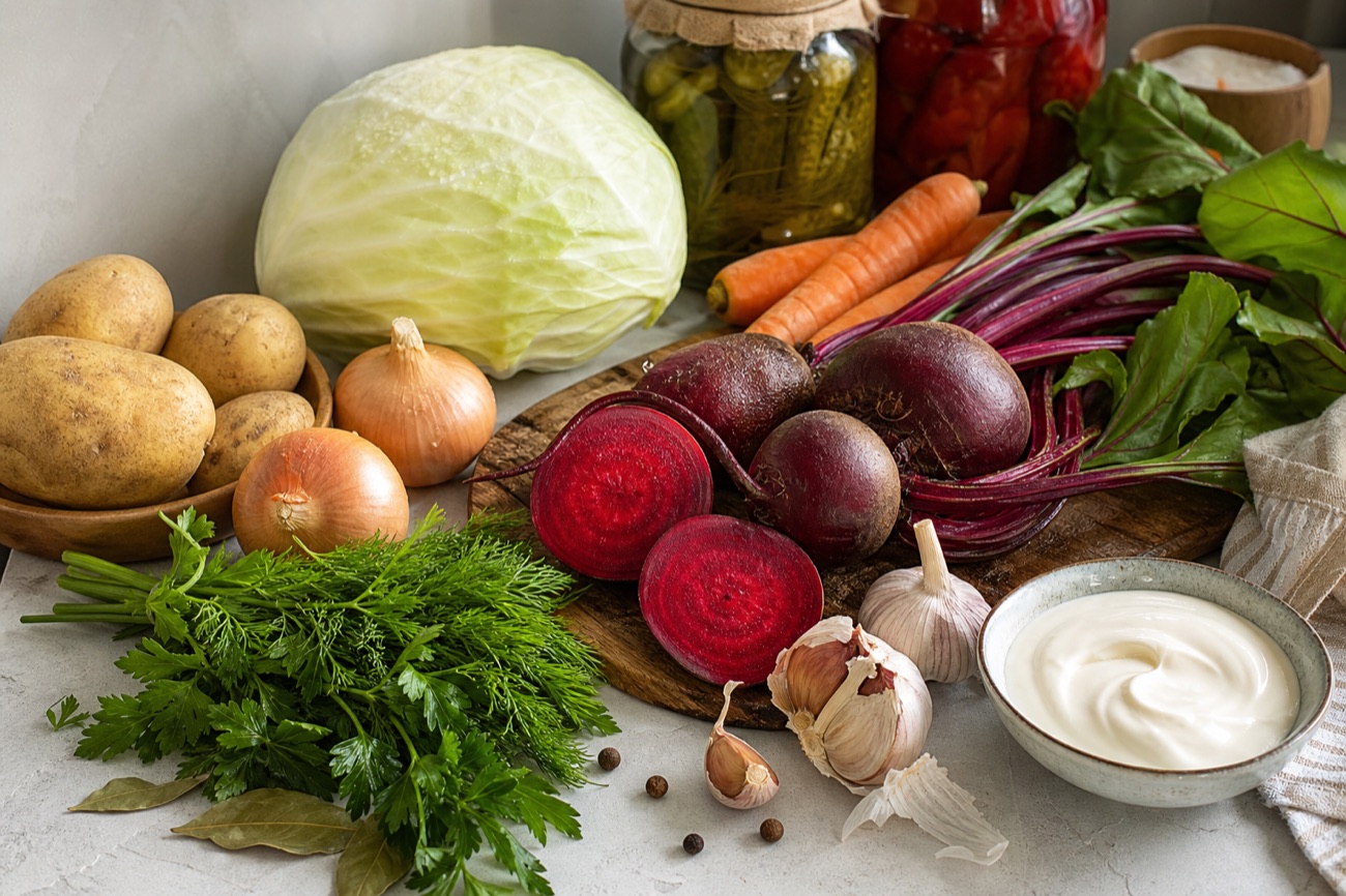 Ingredients for borscht with beets, cabbage and herbs