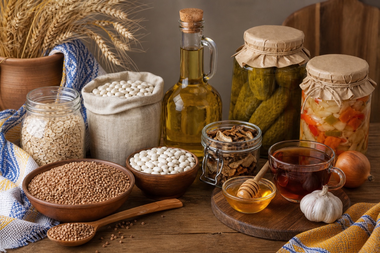 Ukrainian pantry with cereals, pickles and Eastern European ingredients