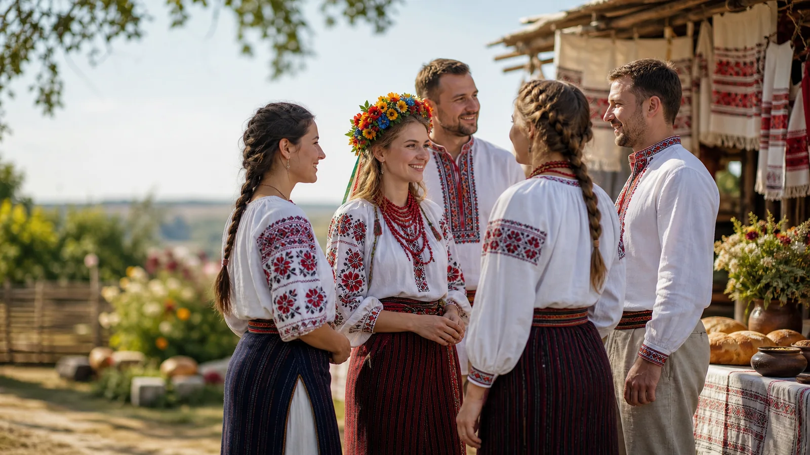 Group of Ukrainian people in traditional clothing during a cultural gathering