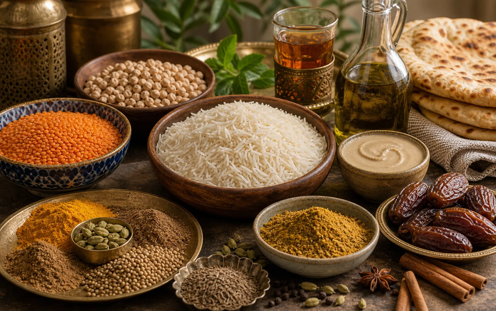 Ingredienti indiani e mediorientali con spezie e legumi
